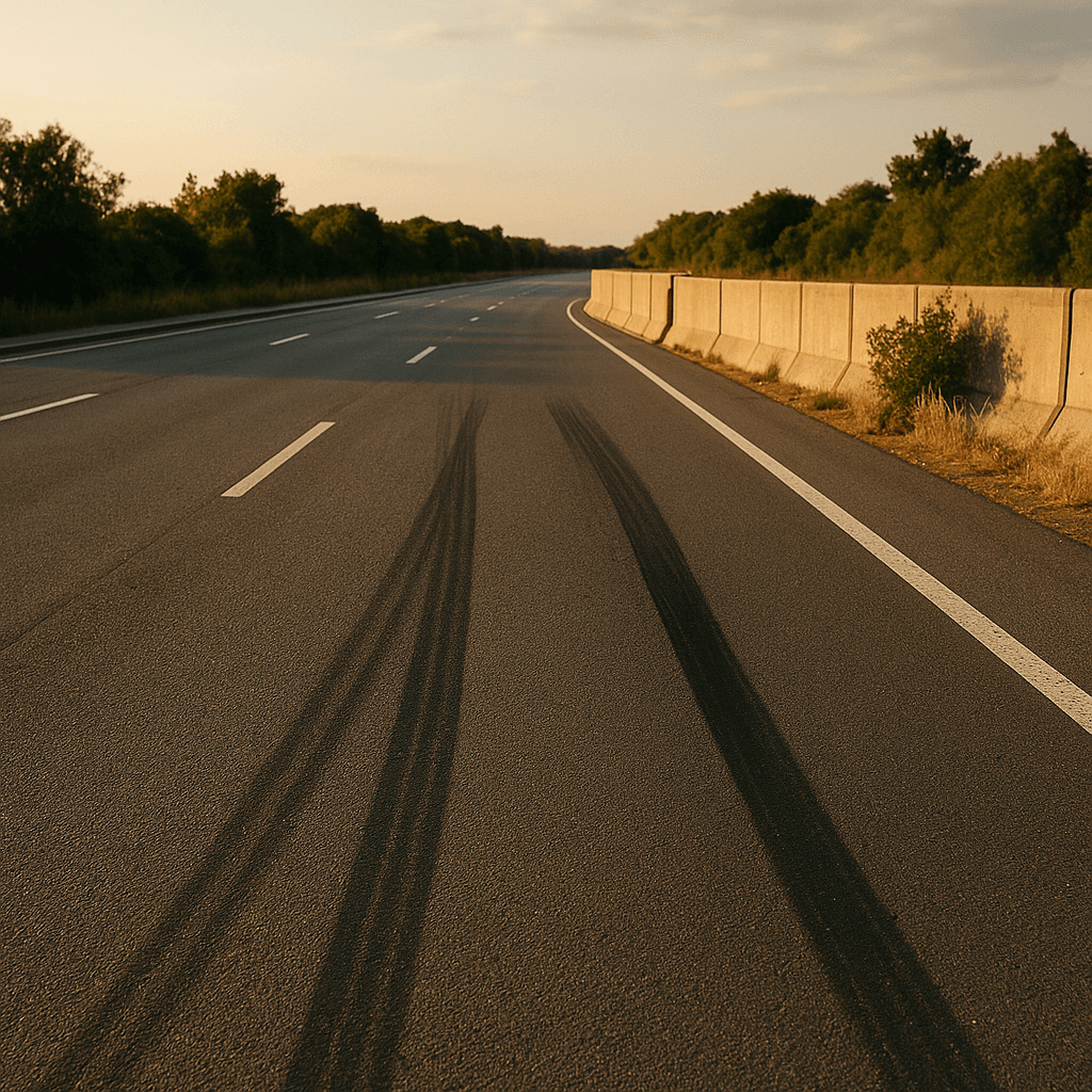 Empty highway with skid marks symbolizing negligence versus recklessness.