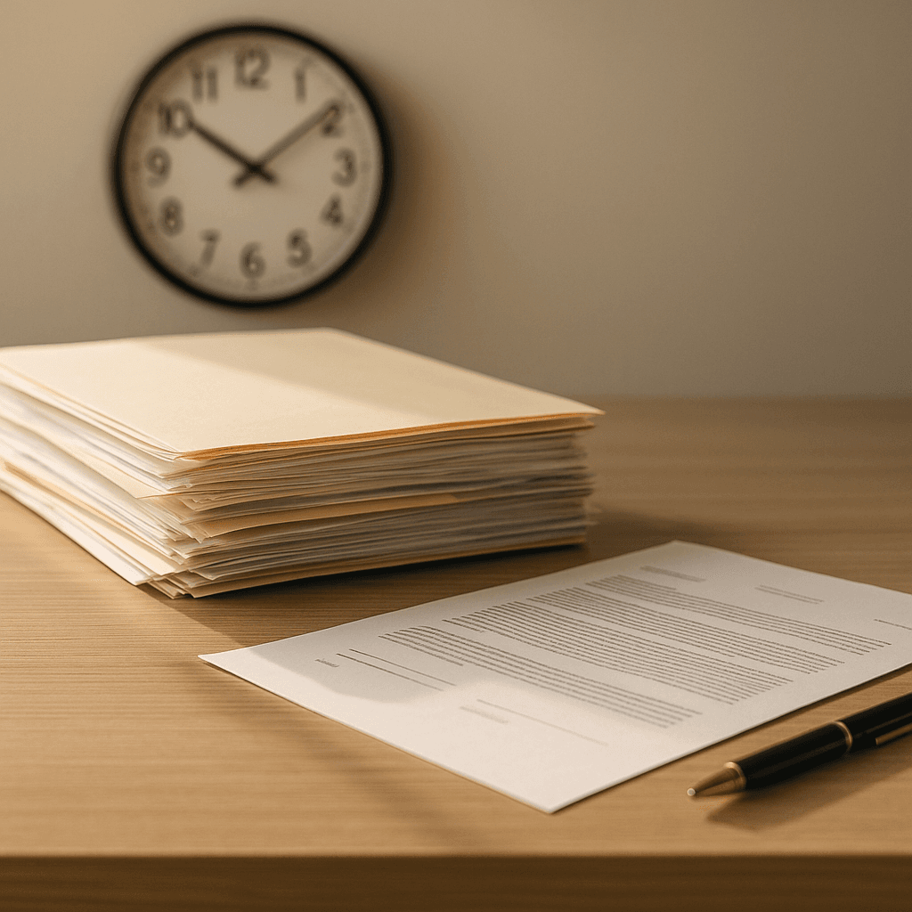 Legal documents and clock symbolizing personal injury case timeline