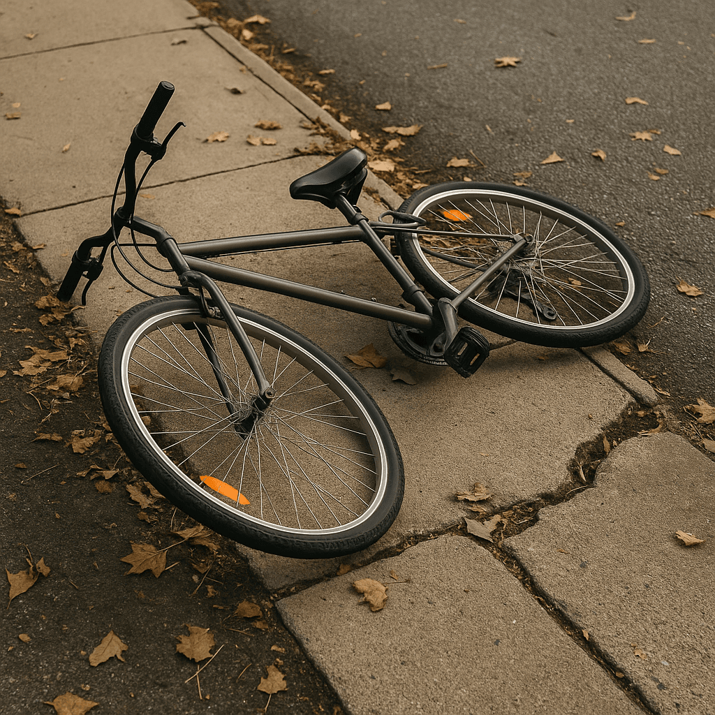 Fallen bicycle near cracked sidewalk showing causation in negligence claims.