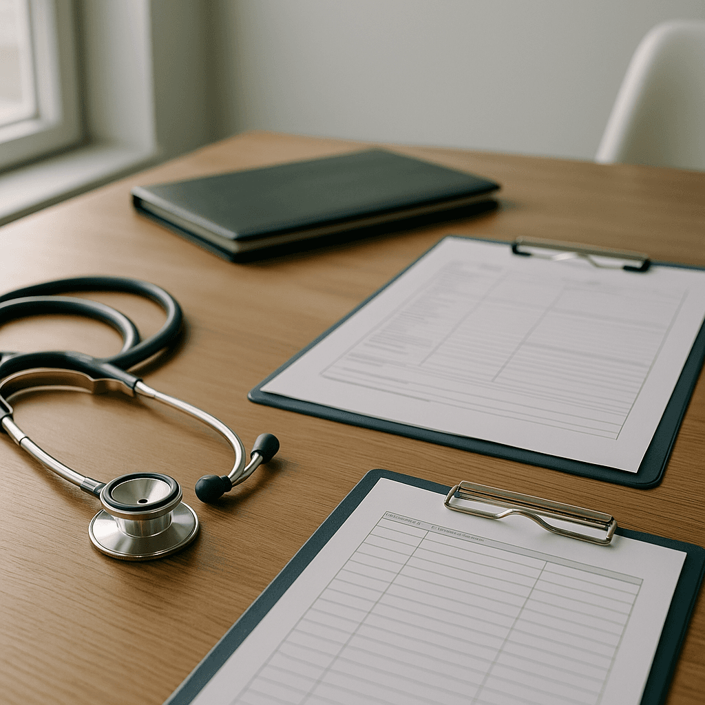 Medical documents and stethoscope representing importance of medical records in injury claims